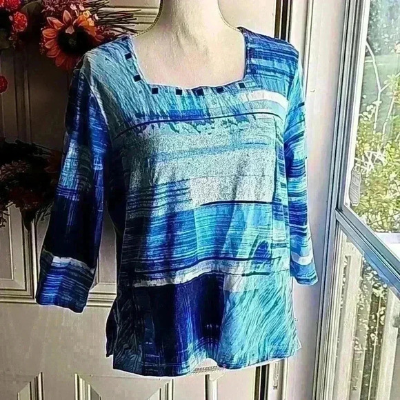 Alfred Dunner blue striped square Neckline petite xl 3 quarter sleeve - Picture 1 of 4